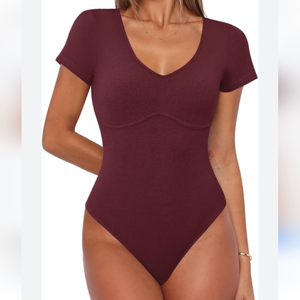 Ribbed Slim Fit Thong Bodysuit Wine